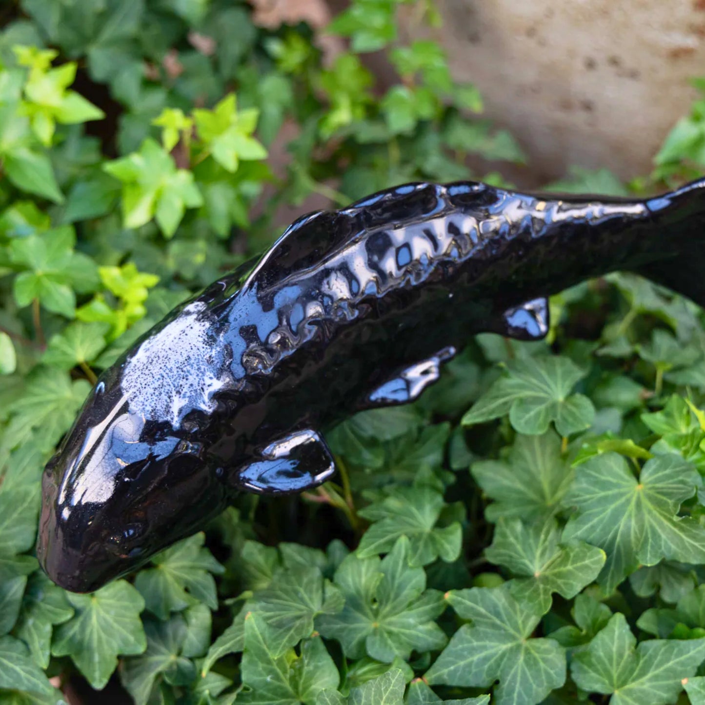 Onyx black ceramic koi garden stake