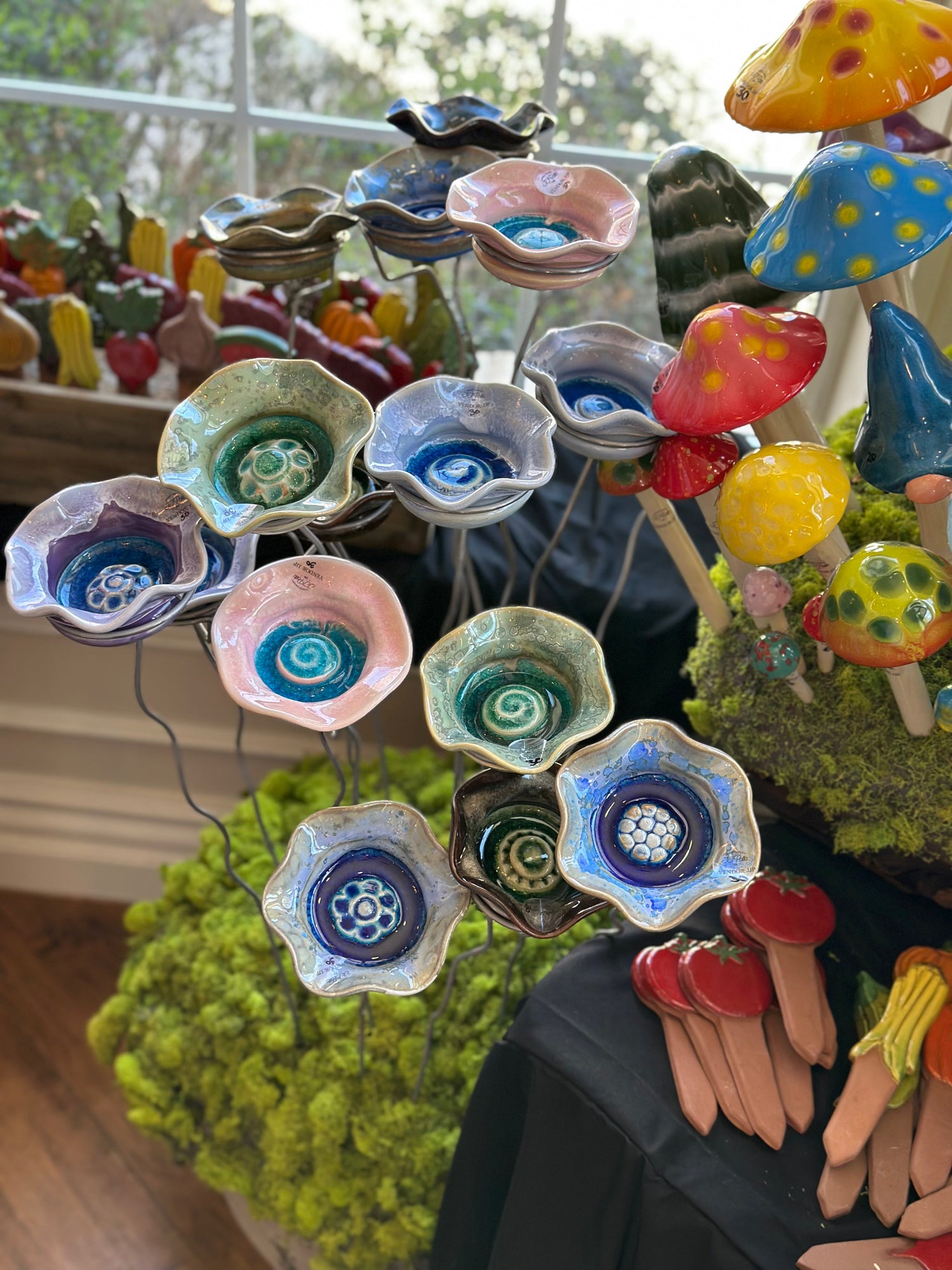 JJ Potts Studio ceramic Flower Puddlers garden stakes