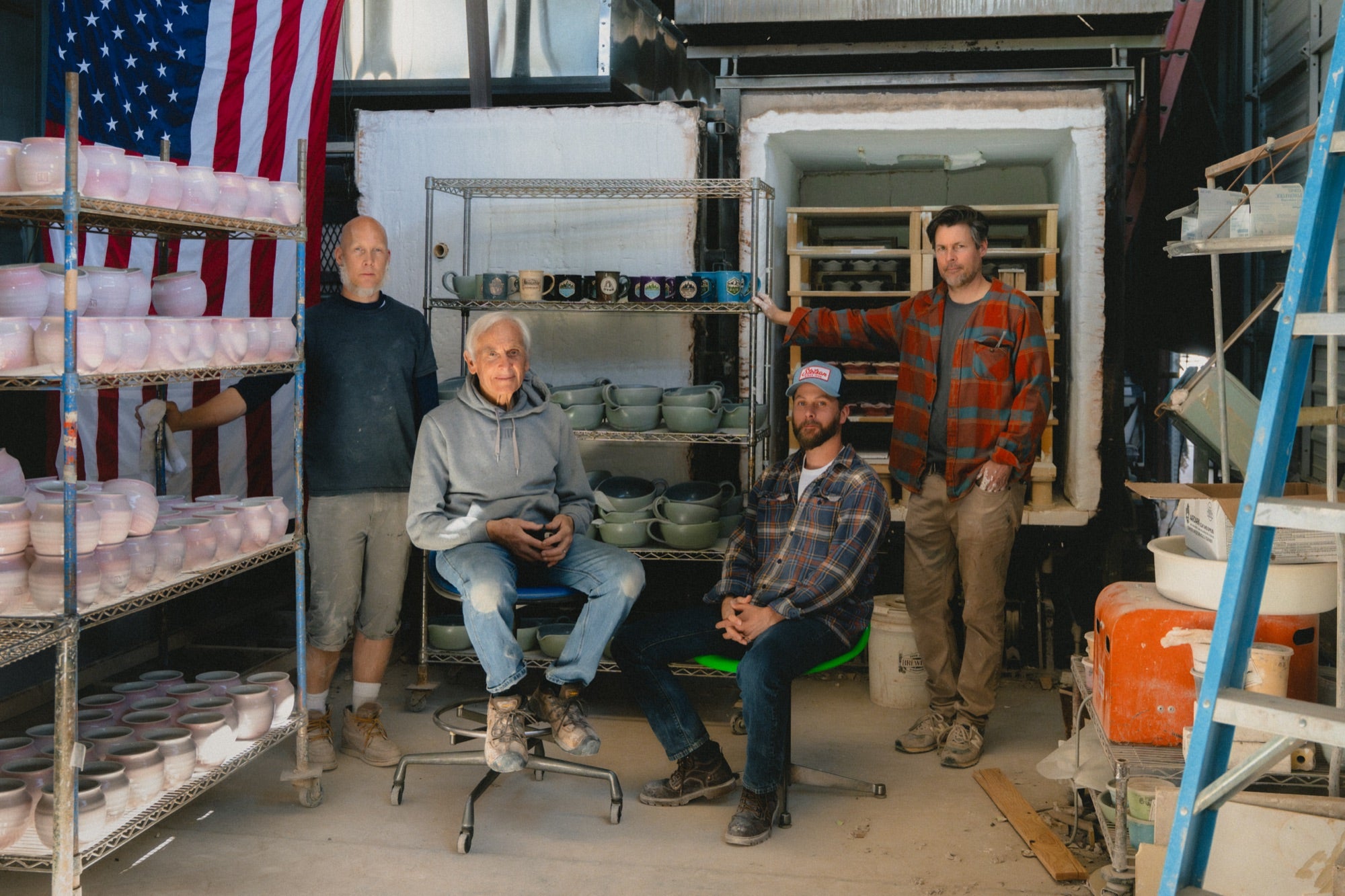 The Neff family today — Adam, Zach, Jeremy with their father Mark in the JJ Potts studio