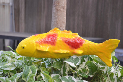 Mandarin Yellow ceramic koi garden stake with red markings