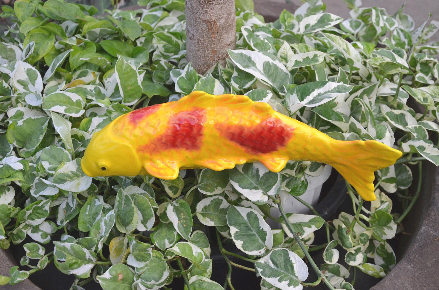 Mandarin Yellow ceramic koi garden stake with red markings