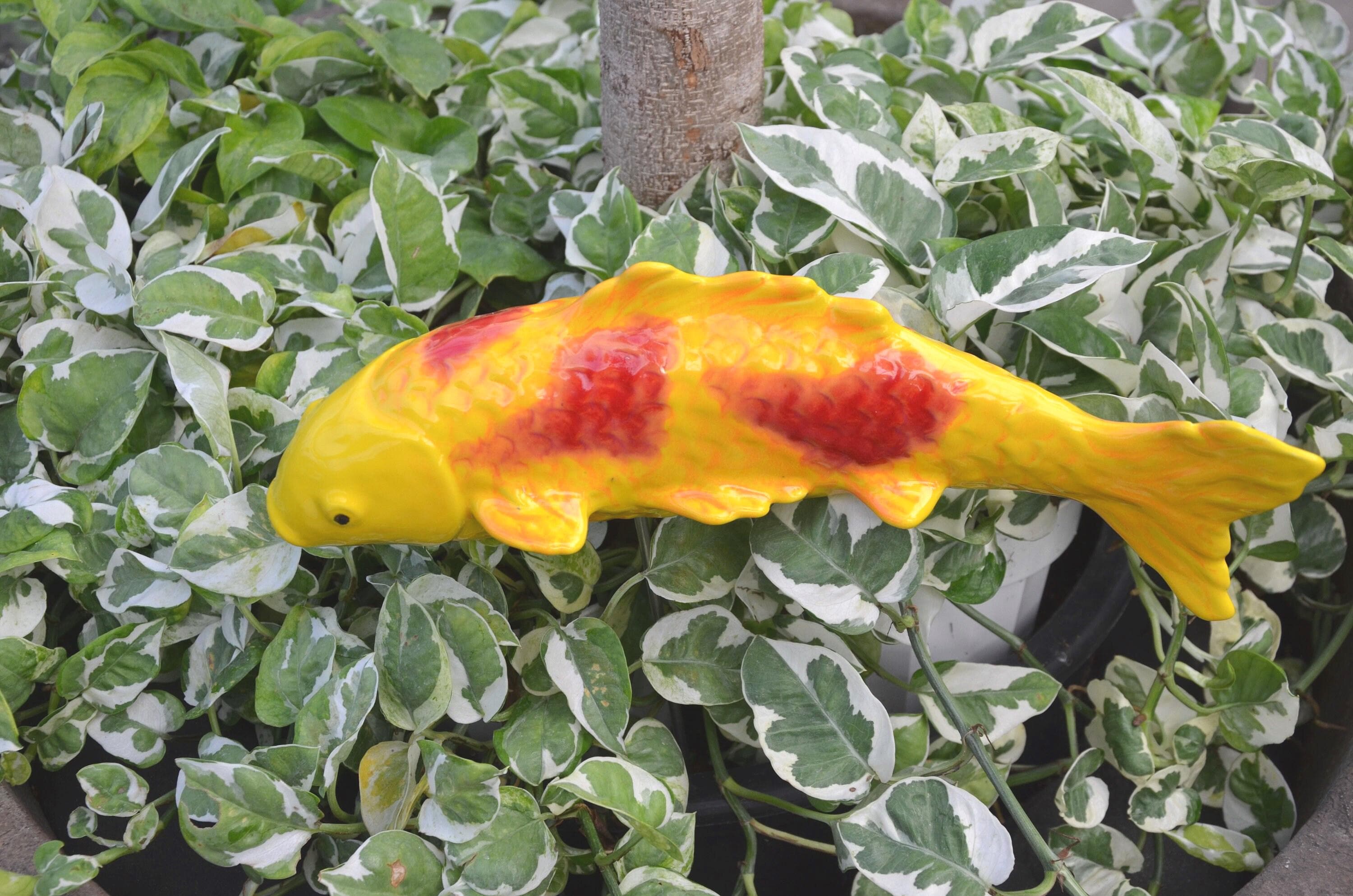 Mandarin Yellow ceramic koi garden stake with red markings