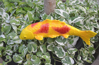Mandarin Yellow ceramic koi garden stake with red markings
