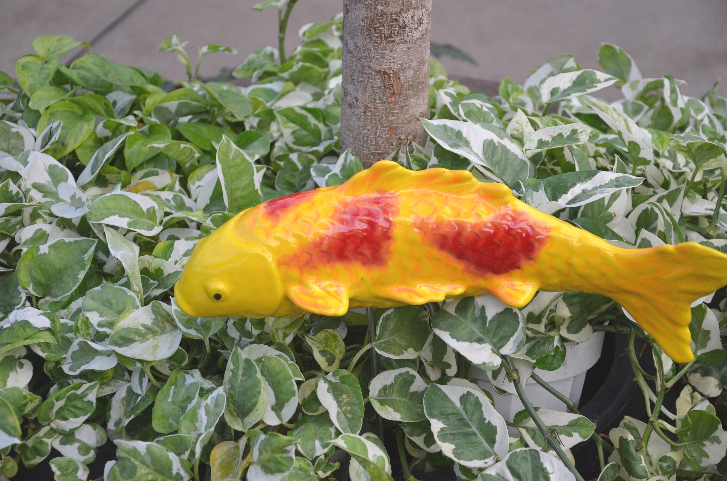Mandarin Yellow ceramic koi garden stake with red markings