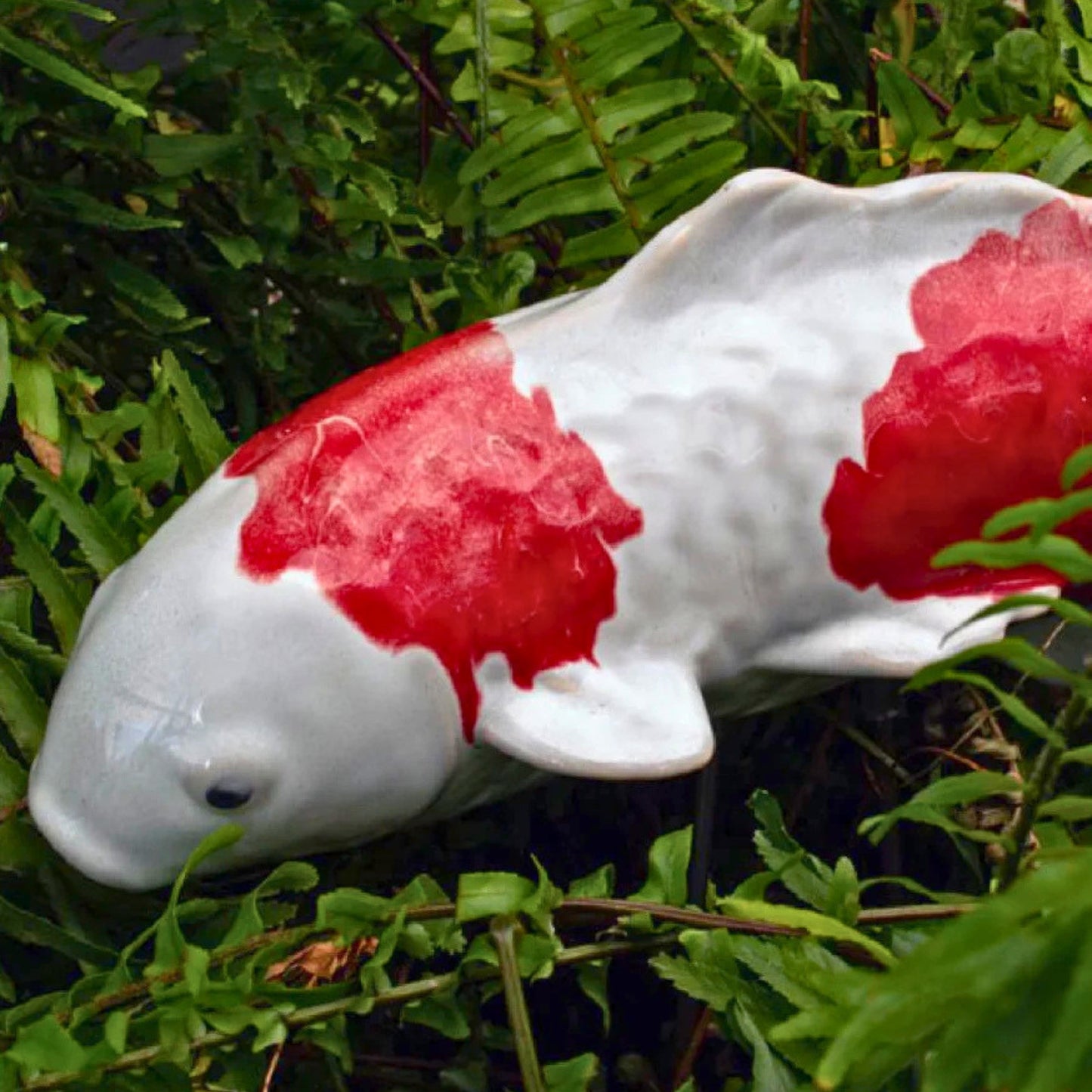 Fuji Red white and red ceramic koi garden stake