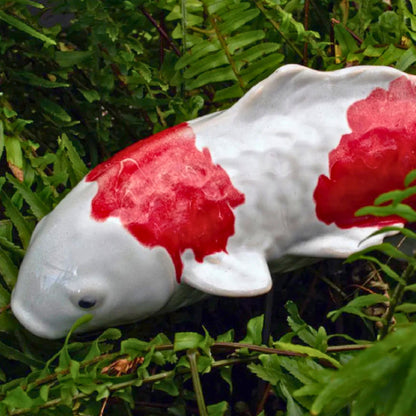 Fuji Red white and red ceramic koi garden stake