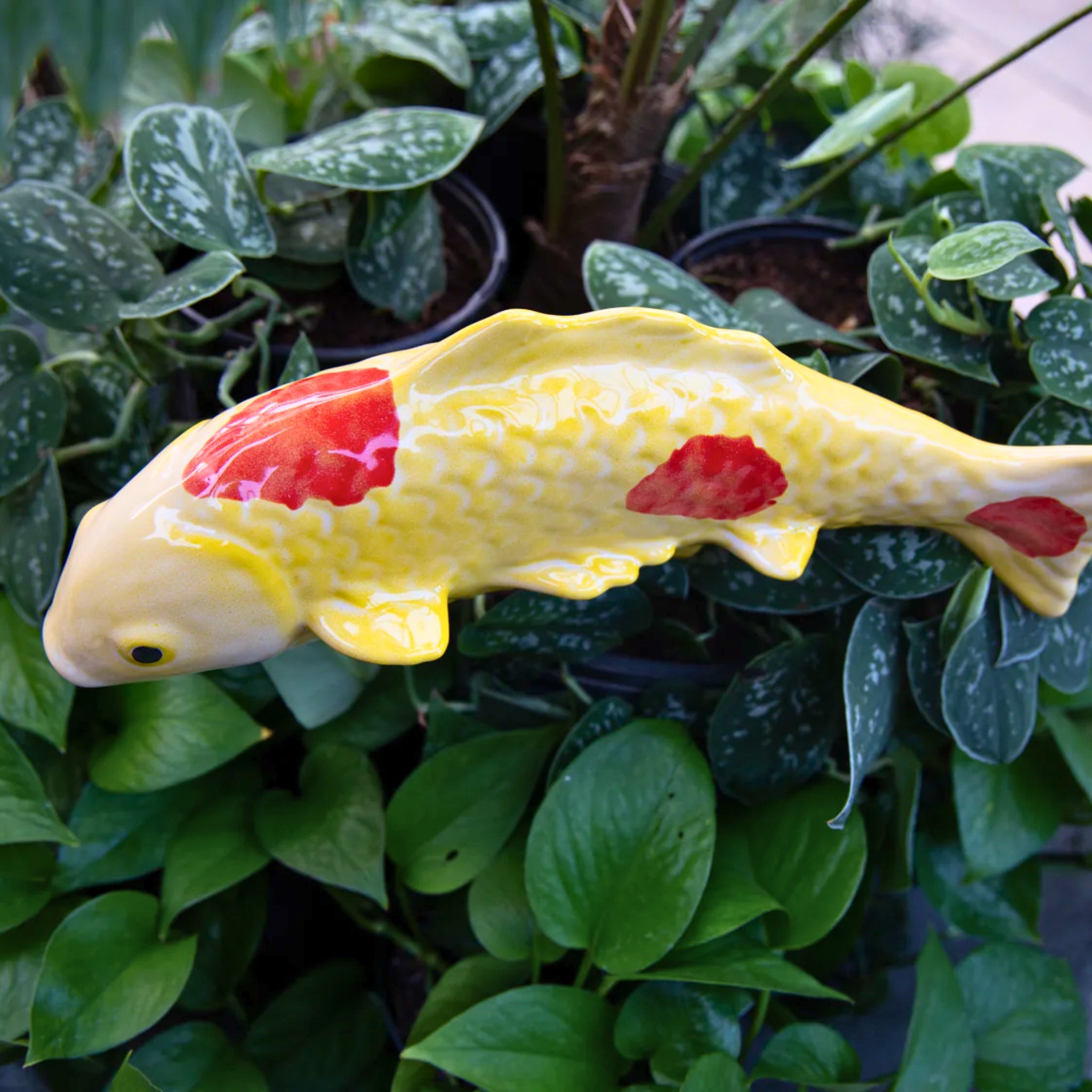 Mandarin Yellow ceramic koi garden stake with red markings
