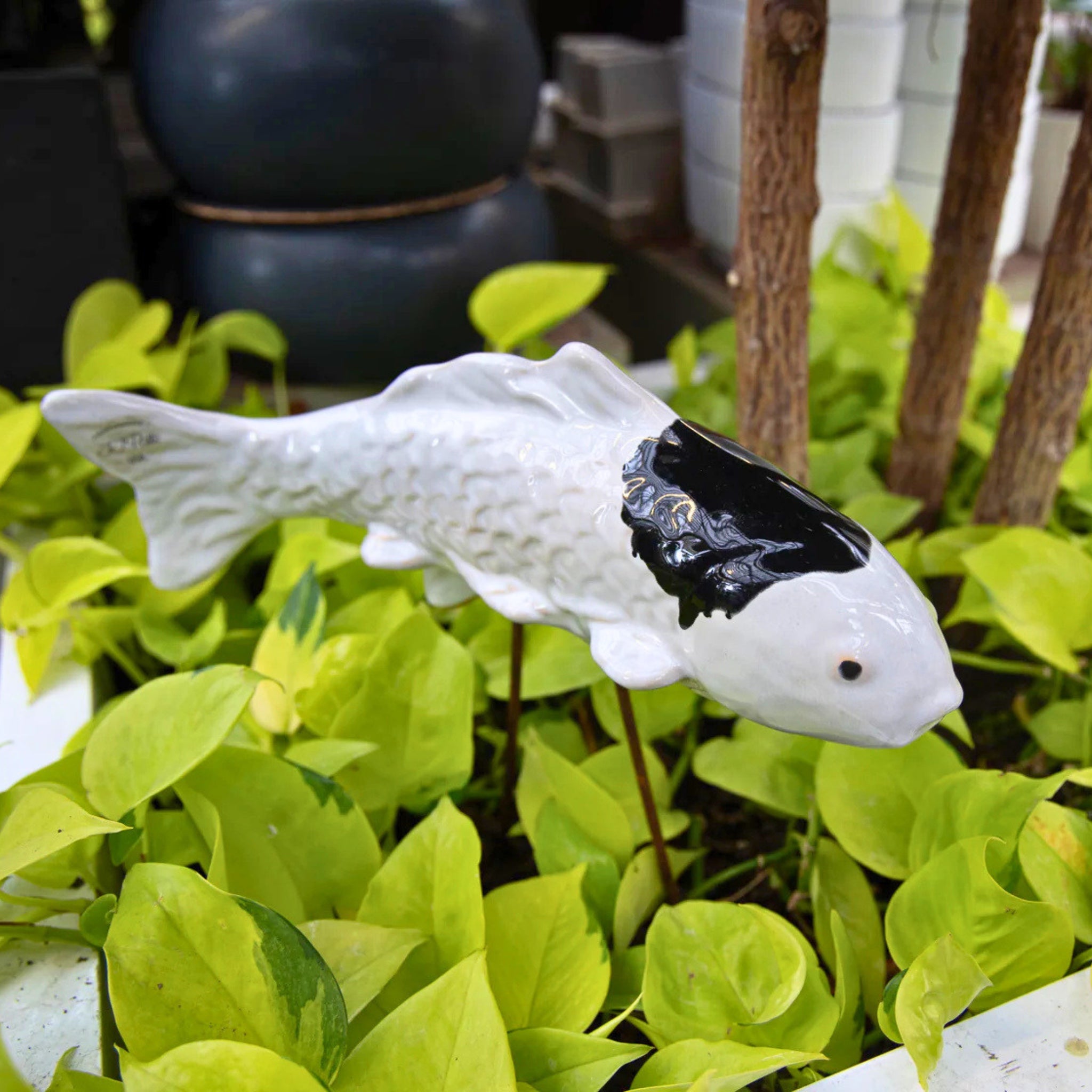 Yuki white and black ceramic koi garden stake